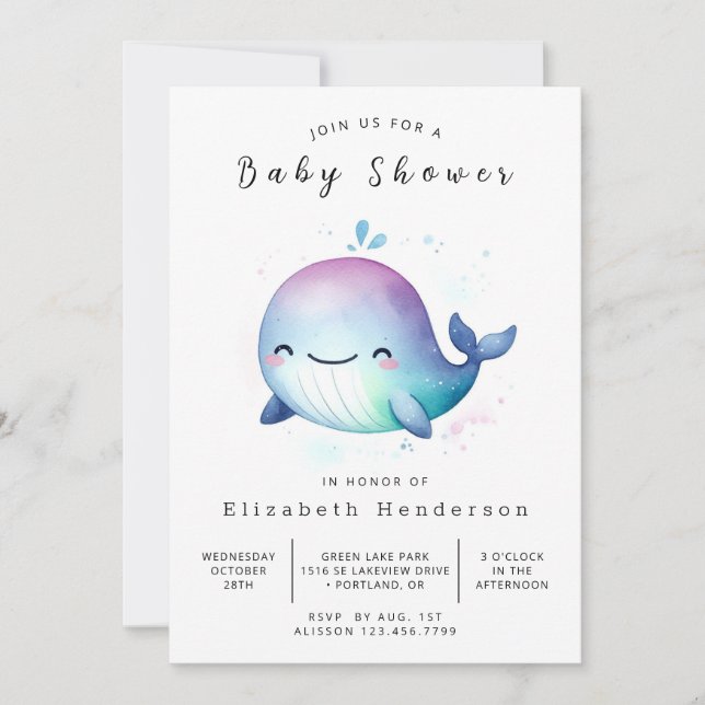 Pastel Editable Whale Baby Dusche Einladung (Vorderseite)