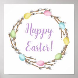 Pastel Eggs Willow Wreath Colorful Happy Easter Poster