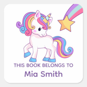 Pastel Einhorn "Dieses Buch gehört" Kindername Quadratischer Aufkleber