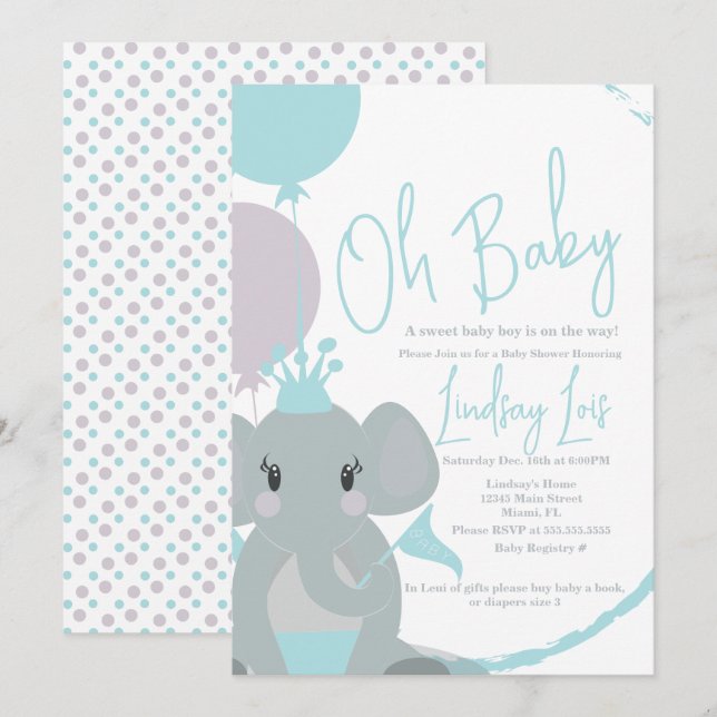 Pastel Elephant Baby Girl Script Baby Dusche Einladung (Vorne/Hinten)
