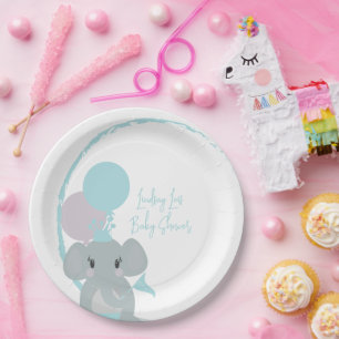 Pastel Elephant Baby Girl Script Baby Dusche Pappteller
