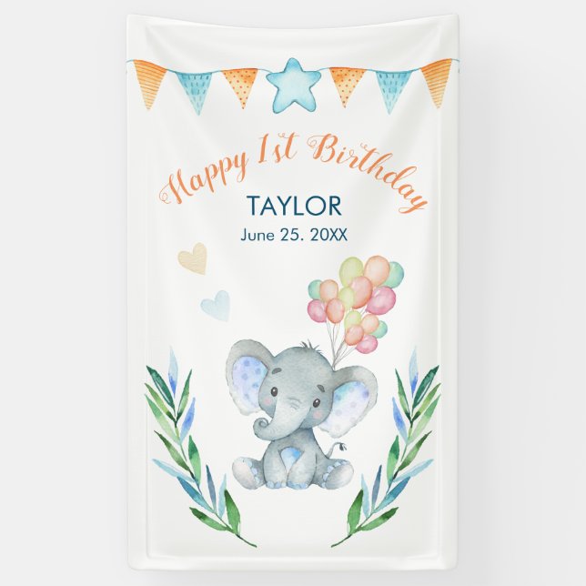 Pastel Elephant Blush Blue Star Happy Geburtstag Banner (Vertikal)