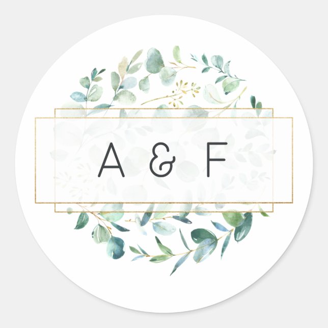 Pastel Eucalyptus Geometric Wedding Monogram Runder Aufkleber (Vorderseite)