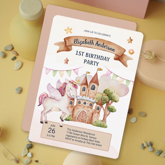 Pastel Fairytale Parco Civico-Ciani Einladung (Pastel Fairytale Unicorn Castle Kids Birthday Invitation)
