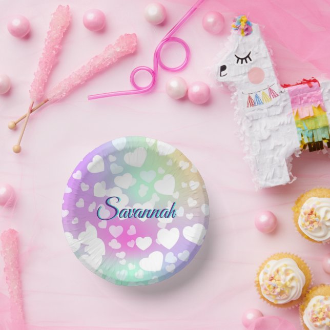 Pastel Fallende Herzen Personalisiert Pappteller (Party)