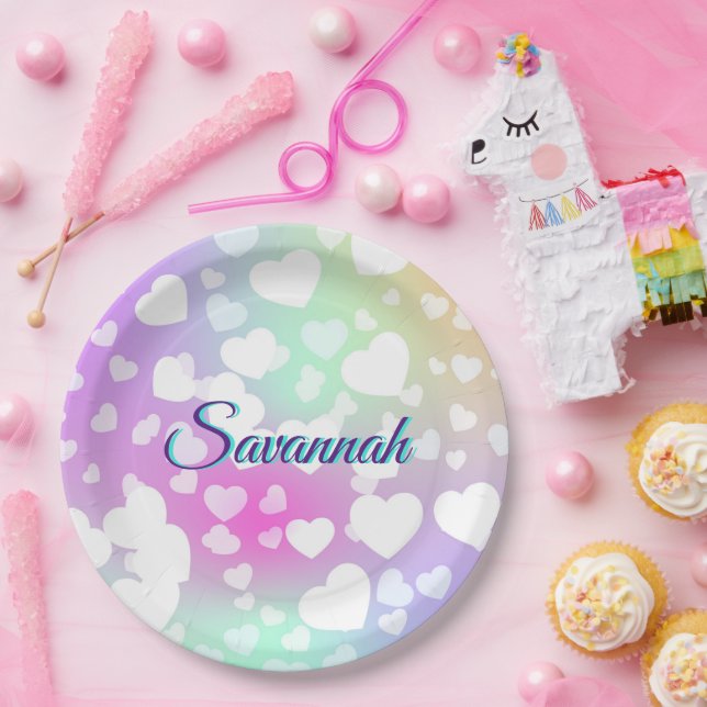 Pastel Fallende Herzen Personalisiert Pappteller (Party)