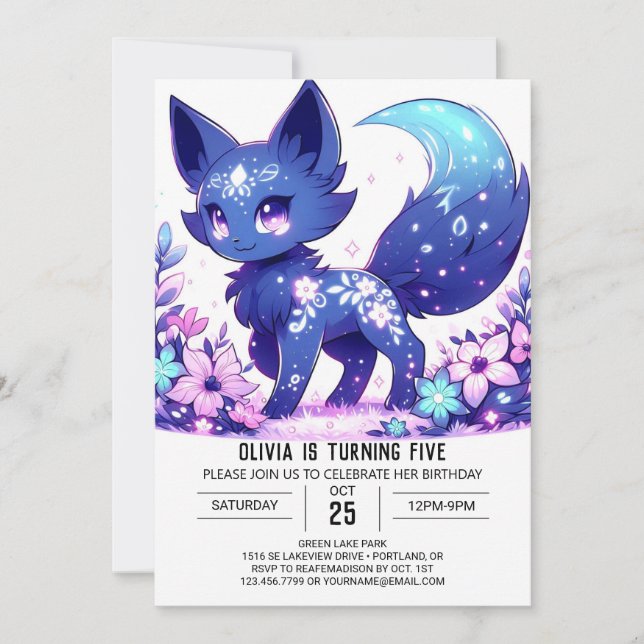 Pastel Fantasy Fox Digital Geburtstag Einladung (Vorderseite)