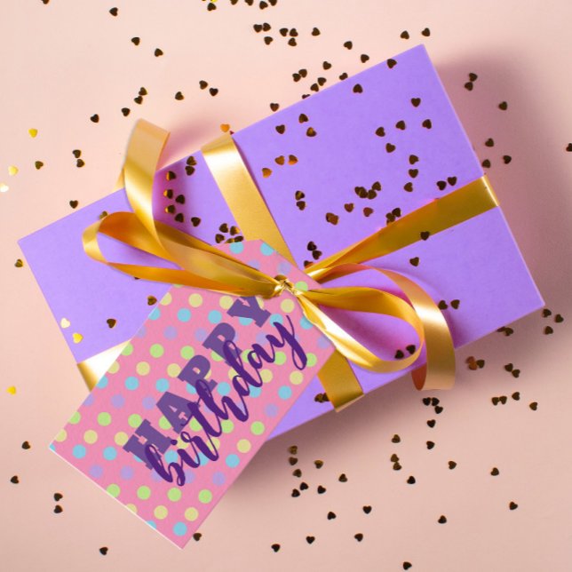 Pastel farbenfrohe Polka Dot auf rosa Happy Birthd Geschenkanhänger (Von Creator hochgeladen)