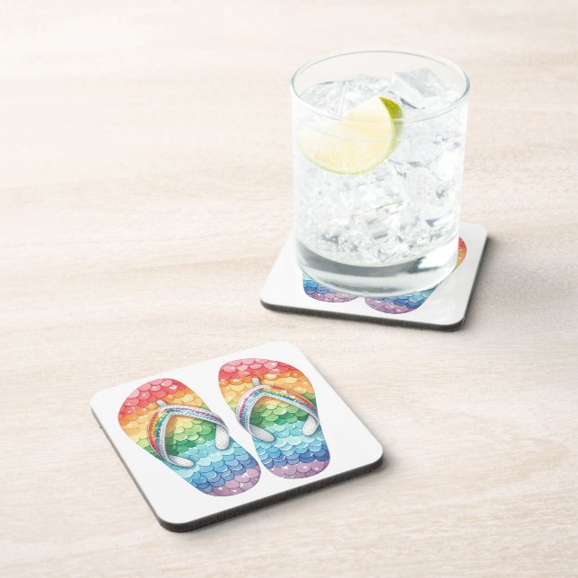 PASTEL-FARBIERTE RAINBOW-SEQUINIERTE FLIP-FLOPS GETRÄNKEUNTERSETZER (Rechte Seite)