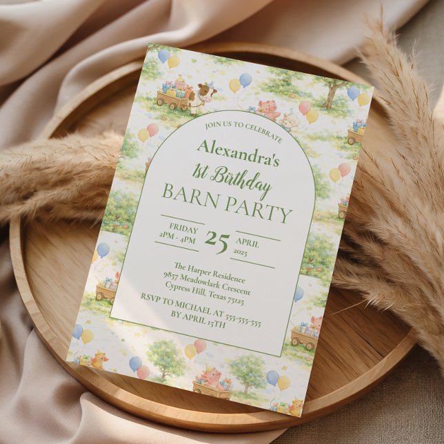 Pastel Farm Animals Barn Party 1st Birthday Einladung (Von Creator hochgeladen)