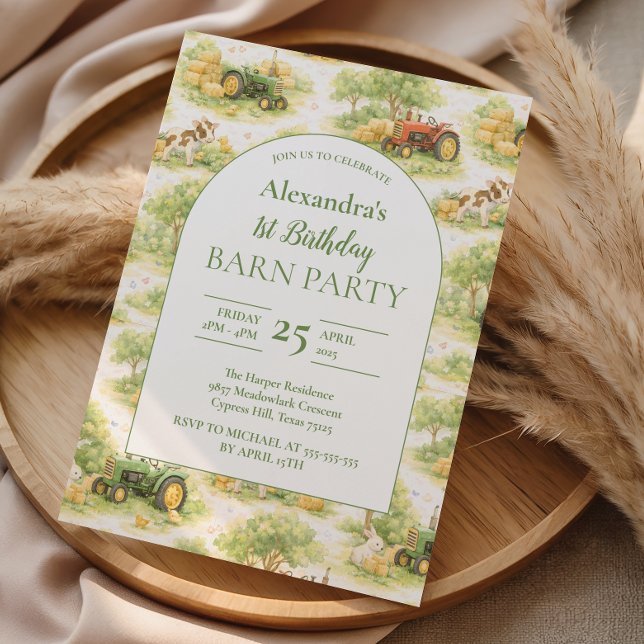 Pastel Farm Tractor Barnyard 1st Birthday Einladung (Von Creator hochgeladen)