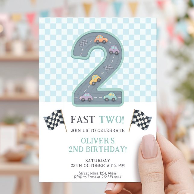 Pastel Fast Two Birthday Car Einladung (Von Creator hochgeladen)