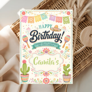 Pastel Fiesta Birthday Card with Sombrero & Cactus Karte