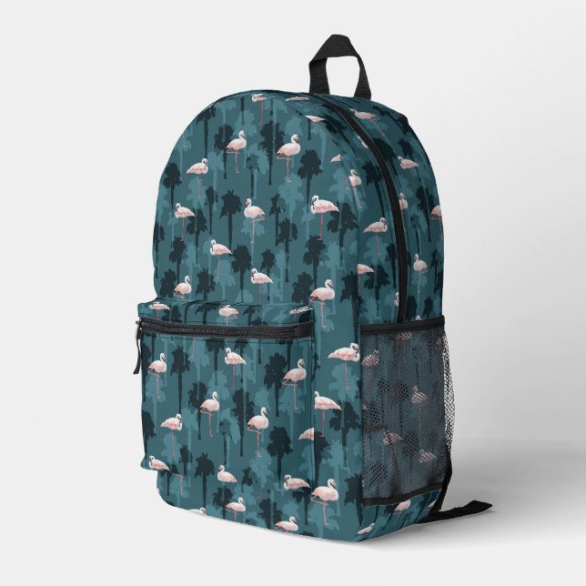 Pastel Flamingos auf Aquamarin Bedruckter Rucksack (Rückseitige Ecke Rechts)