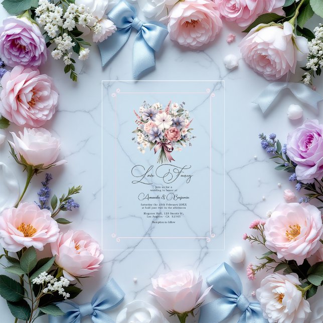 Pastel Floral Bouquet Romantische Liebe Extravagan Acryleinladungen (Pastel Floral Bouquet Romantic Love Fancy Wedding Acrylic Invitations)