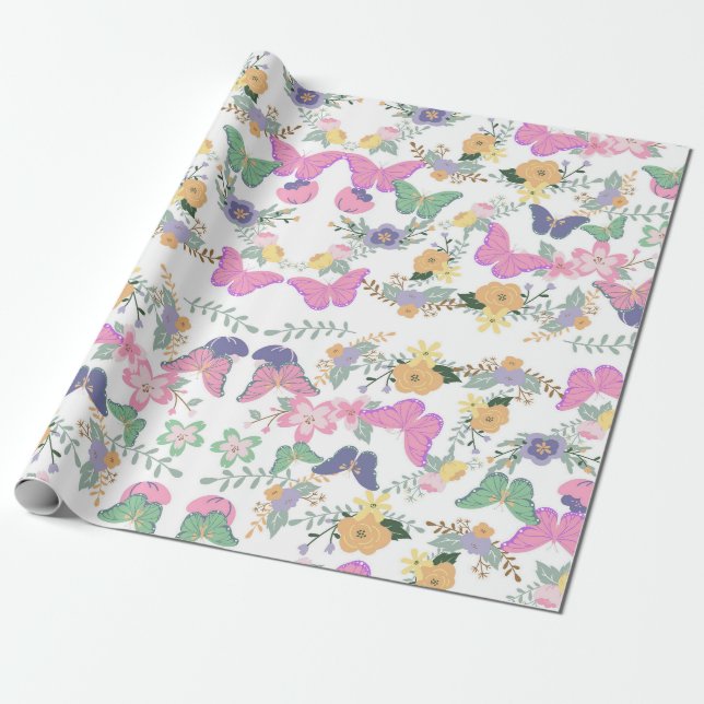 Pastel Floral Butterflies Gift Wrap Geschenkpapier (Ungerollt)
