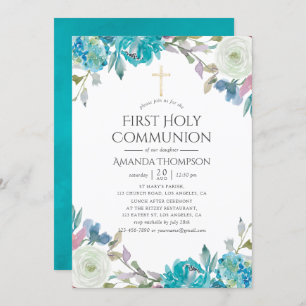 Pastel Floral First Holy Communion Einladung
