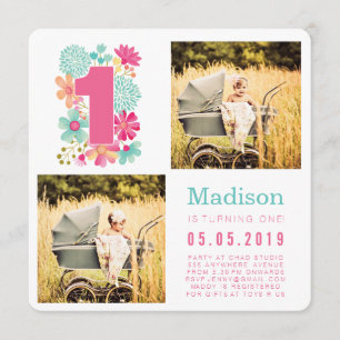 Pastel Floral Girls 1. Geburtstag Foto Cards Einladung