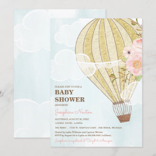 Pastel Floral & Gold Hot Air Ballon Babydusche Einladung