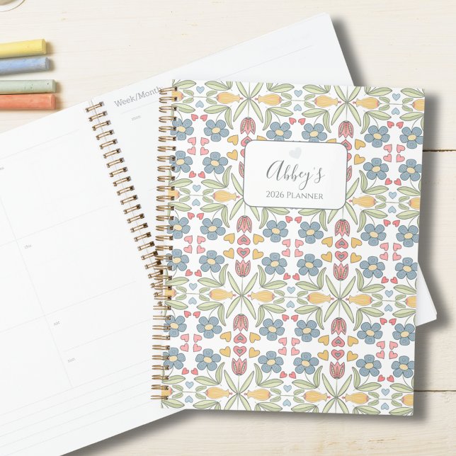Pastel Floral & Heart Planner for Teens & Tweens Planer (Personalized Folk-Art Inspired Planner for Her)