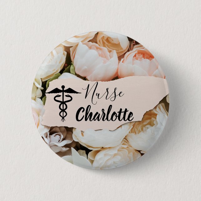Pastel Floral Individuelle Name Nurse Button (Vorderseite)