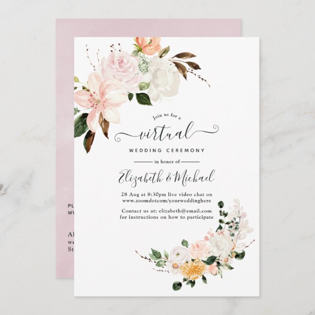 Pastel Floral Online Virtual Wedding Einladung (Vorne/Hinten)
