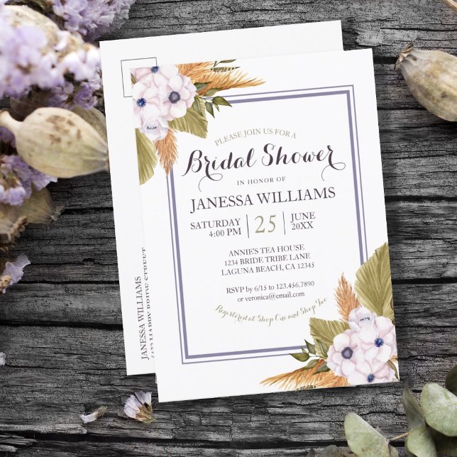 Pastel Floral Pampas Grass Brautparty Einladung (PASTEL LAVENDER PAMPAS GRASS BRIDAL SHOWER INVITATION POSTCARD)