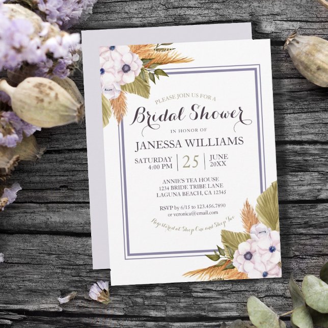 Pastel Floral Pampas Grass Brautparty Einladung (PASTEL LAVENDER FLORAL PAMPAS GRASS BRIDAL SHOWER INVITATION)
