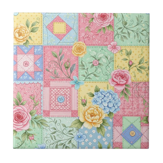 Pastel Floral Patchwork Picnic Pattern (10) Fliese (Vorderseite)