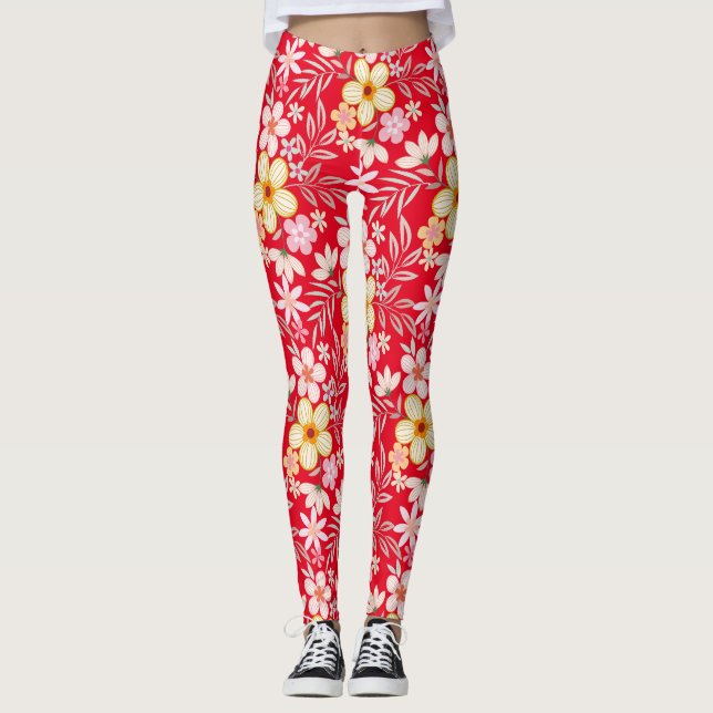 Pastel Floral pattern C03.bw Red BG Leggings (Vorderseite)