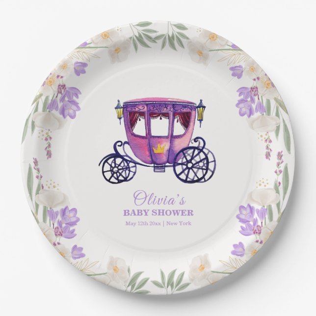 Pastel Floral Princess Carriage Girl Baby Shower  Pappteller (Vorderseite)