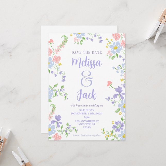 Pastel Floral Save the Date Einladung (Vorderseite/Rückseite Beispiel)