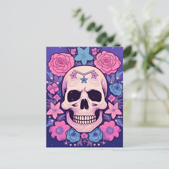 Pastel Floral Skull Art Postkarte (Stehend Vorderseite)