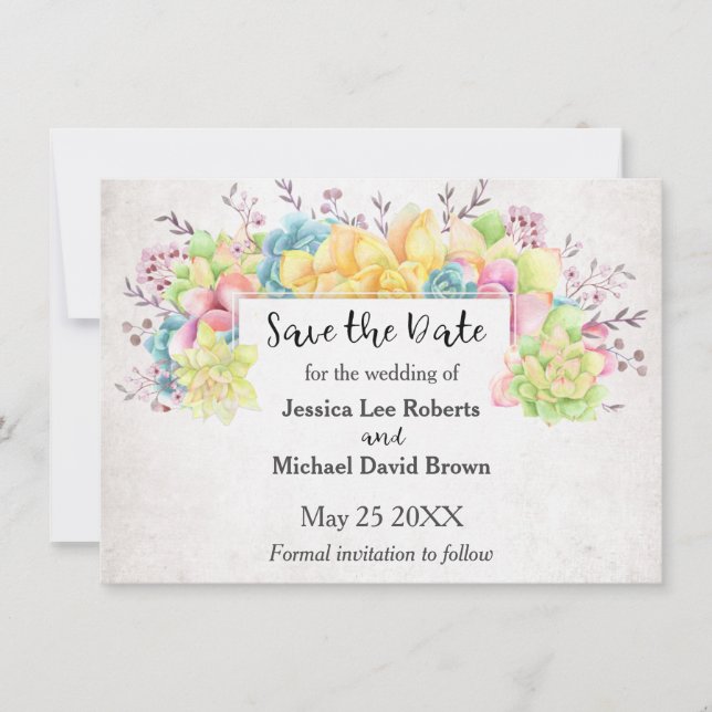 Pastel Floral Sukkulturen Save the Date Ankündigung (Vorderseite)