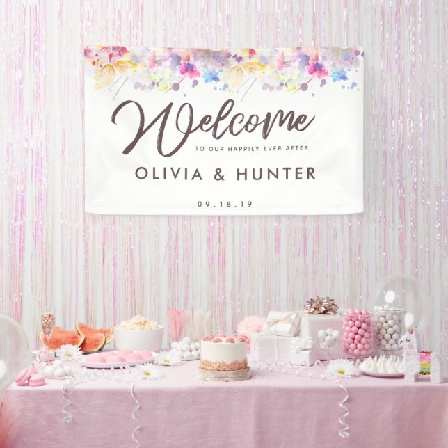 Pastel Floral Watercolor Wedding Welcome Banner (Party)