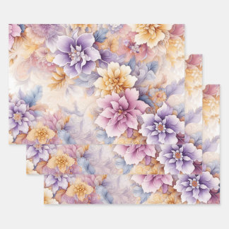 Pastel Floral Wrapping Paper Set – Elegant 3-Sheet Geschenkpapier Set
