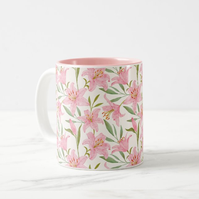Pastel florale Lilie rosa grün Zweifarbige Tasse (Vorderseite Links)