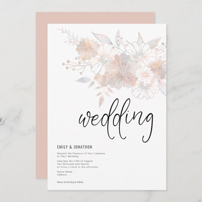 Pastel Florals Blush Peach Gray Wedding Einladung (Vorne/Hinten)