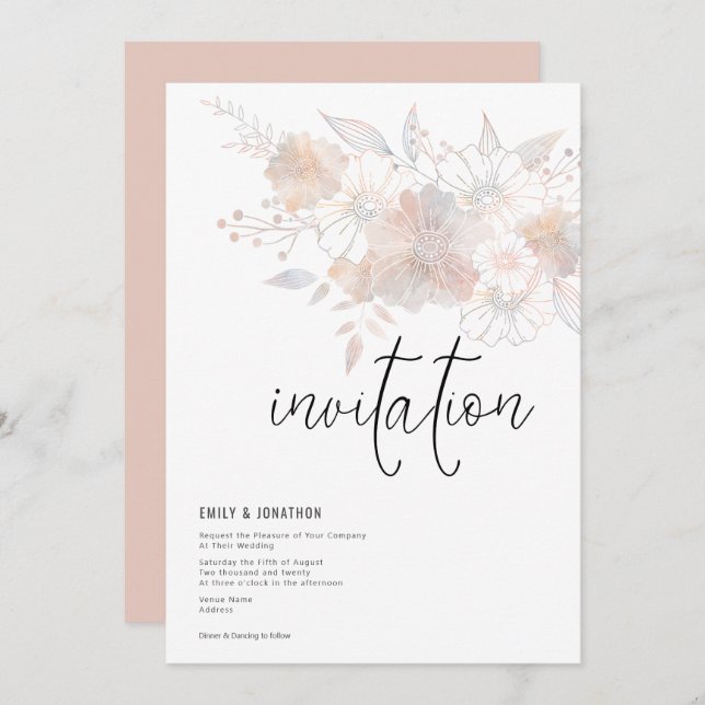 Pastel Florals Blush Peach Gray Wedding Einladung (Vorne/Hinten)