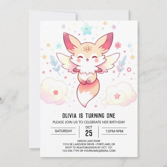 Pastel Fox 1. Geburtstag Einladung (Vorderseite)