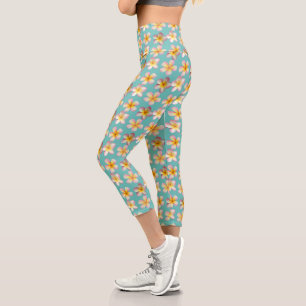 Pastel Frangipani Plumeria Blume auf Aquamarin Capri Leggings