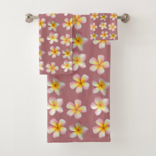 Pastel Frangipani Plumeria Blume auf der Rose Gold Badhandtuch Set