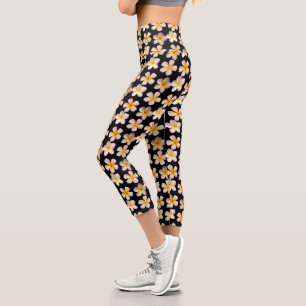 Pastel Frangipani Plumeria Blume Black Capri Leggings