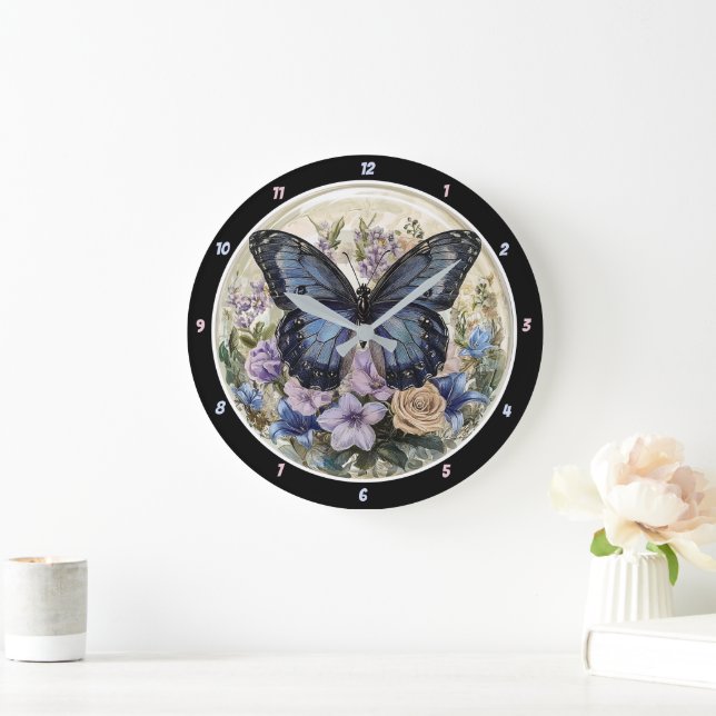 Pastel Garden" - Blauer Schmetterling Große Wanduhr (Zuhause)