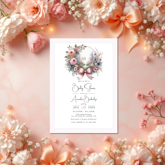 Pastel Garden Blooms Bow Floral Baby Dusche Einladung (Pastel Garden Blooms Bow Floral Baby Shower Invitation)