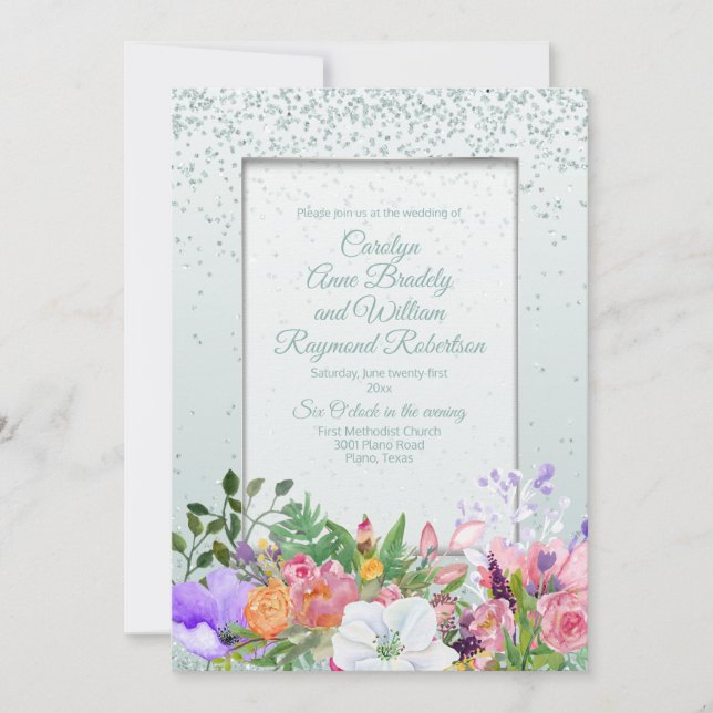 Pastel Garden Glittery Mint Wedding Einladung (Vorderseite)
