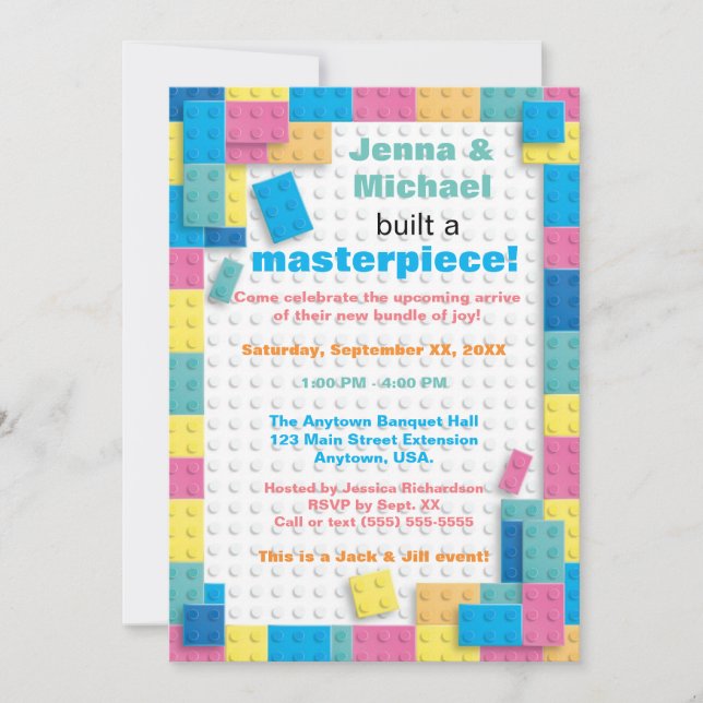 Pastel-Gebäude blockiert Kinderdusche Einladung (Vorderseite)