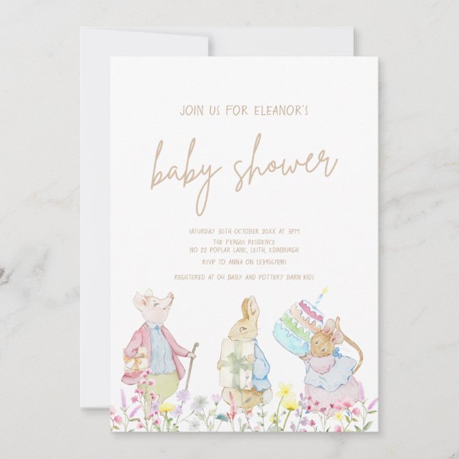 Pastel Gender Neutral Peter der Kaninchen Babydusc Einladung (Vorderseite)