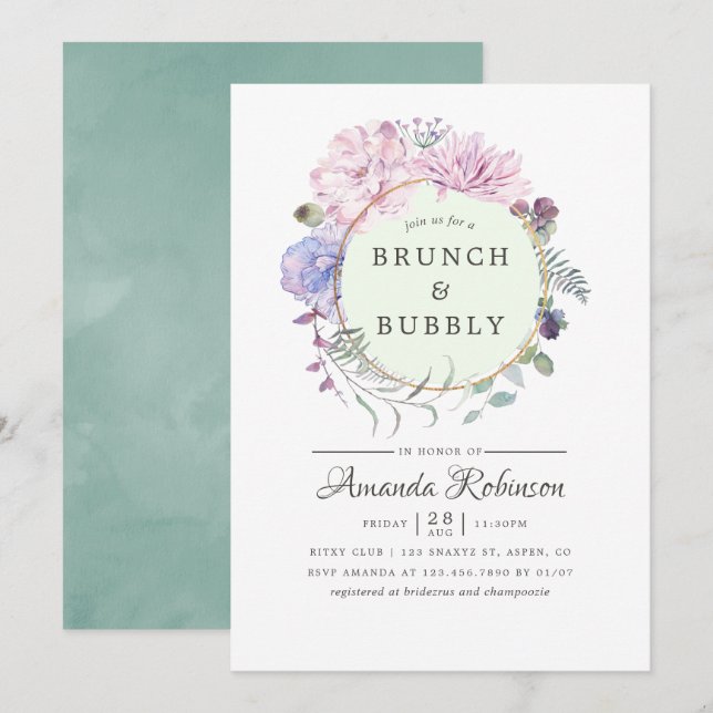 Pastel Geometric Peonies Blumenbrunch und Bubbly Einladung (Vorne/Hinten)