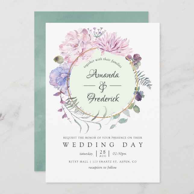 Pastel Geometric Peonies Floral Wedding Einladung (Vorne/Hinten)